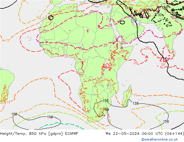 Height/Temp. 850 hPa ECMWF śro. 22.05.2024 06 UTC