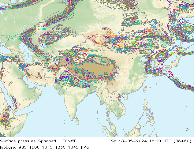 Presión superficial Spaghetti ECMWF sáb 18.05.2024 18 UTC