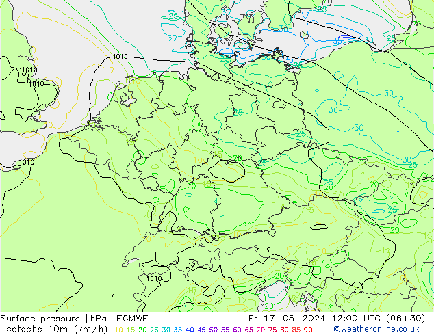 Isotachs (kph) ECMWF ven 17.05.2024 12 UTC