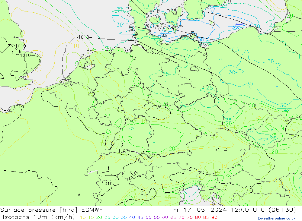 Isotachs (kph) ECMWF ven 17.05.2024 12 UTC