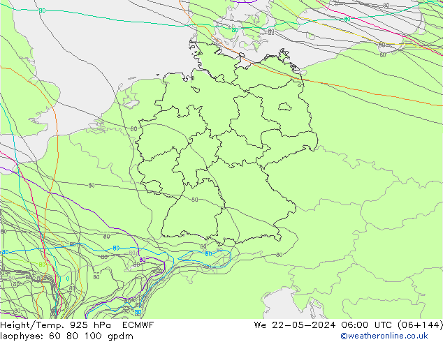 Hoogte/Temp. 925 hPa ECMWF wo 22.05.2024 06 UTC