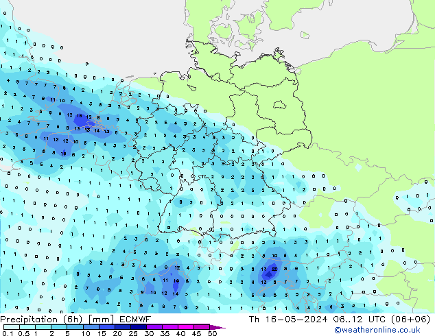 降水量 (6h) ECMWF 星期四 16.05.2024 12 UTC