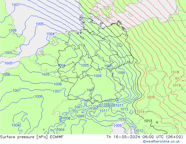 Presión superficial ECMWF jue 16.05.2024 06 UTC