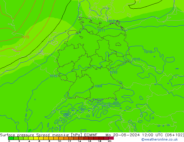 Presión superficial Spread ECMWF lun 20.05.2024 12 UTC