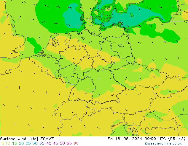 Wind 10 m ECMWF za 18.05.2024 00 UTC