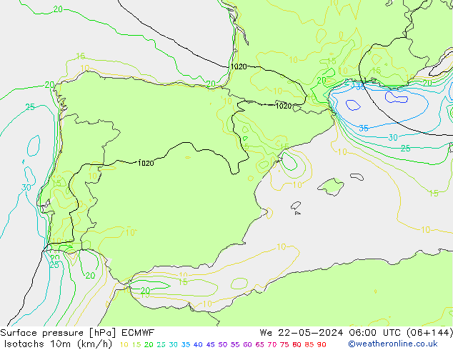 Isotachs (kph) ECMWF  22.05.2024 06 UTC
