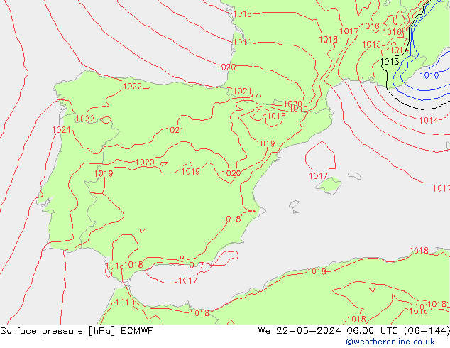 Luchtdruk (Grond) ECMWF wo 22.05.2024 06 UTC