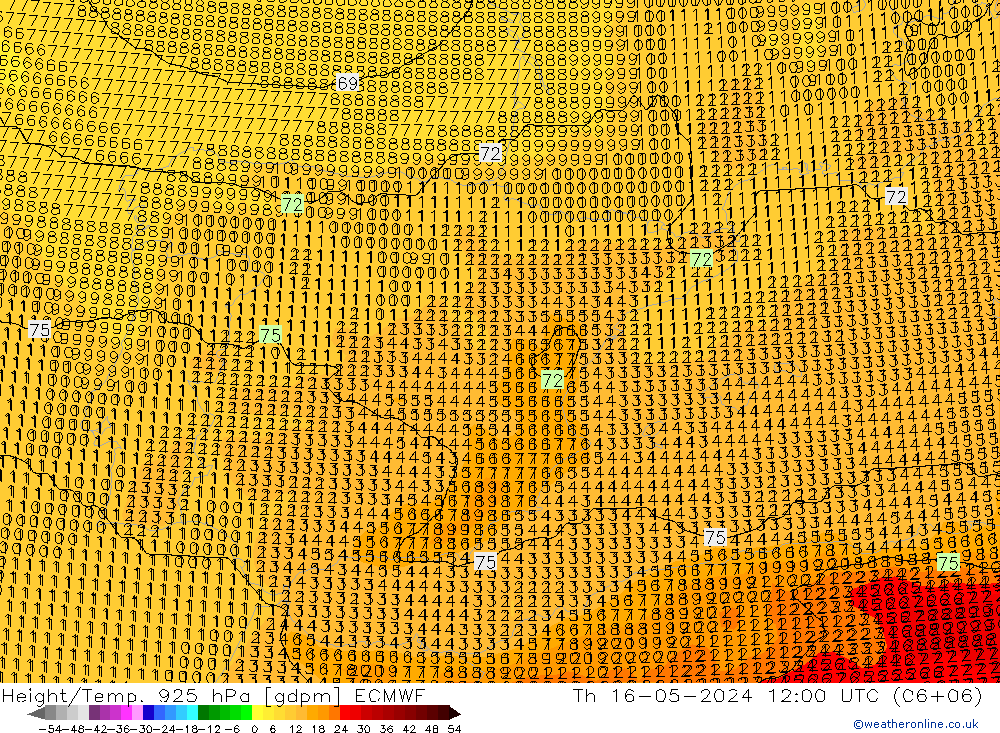 Height/Temp. 925 hPa ECMWF Qui 16.05.2024 12 UTC