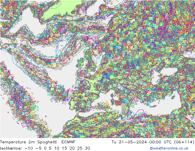 Temperature 2m Spaghetti ECMWF Tu 21.05.2024 00 UTC