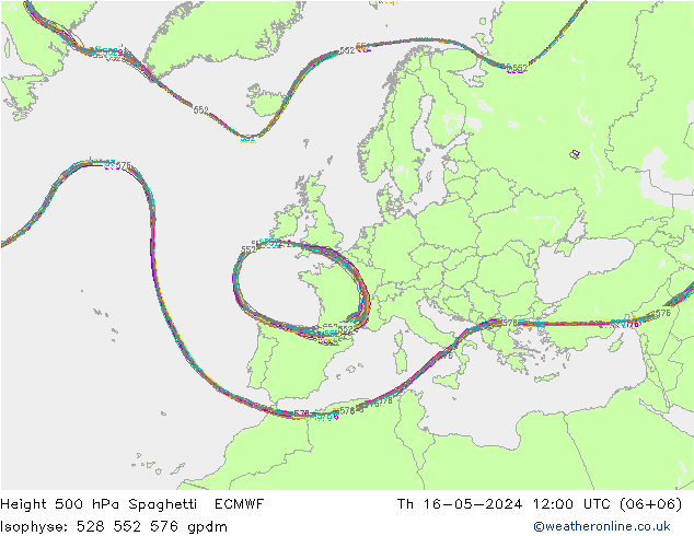 Geop. 500 hPa Spaghetti ECMWF jue 16.05.2024 12 UTC