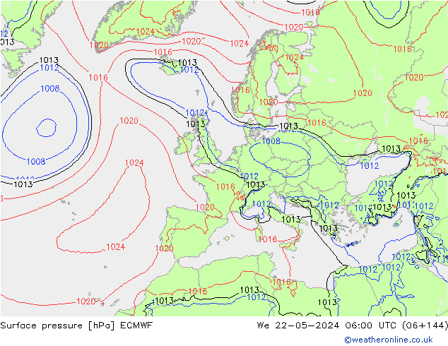 Luchtdruk (Grond) ECMWF wo 22.05.2024 06 UTC