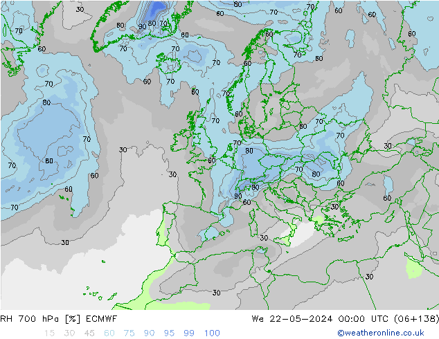 RH 700 hPa ECMWF śro. 22.05.2024 00 UTC