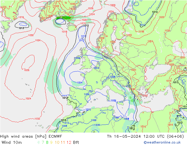 High wind areas ECMWF Čt 16.05.2024 12 UTC