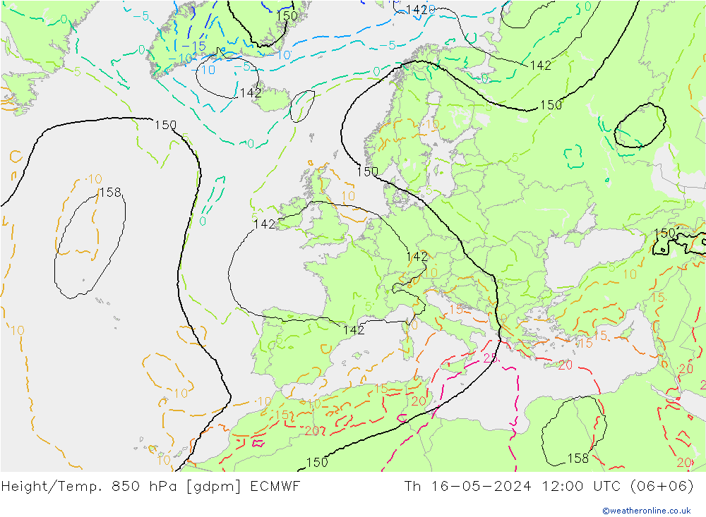 Height/Temp. 850 hPa ECMWF Do 16.05.2024 12 UTC