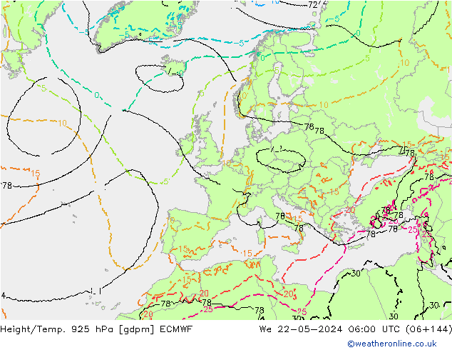 Hoogte/Temp. 925 hPa ECMWF wo 22.05.2024 06 UTC