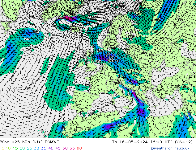 Rüzgar 925 hPa ECMWF Per 16.05.2024 18 UTC