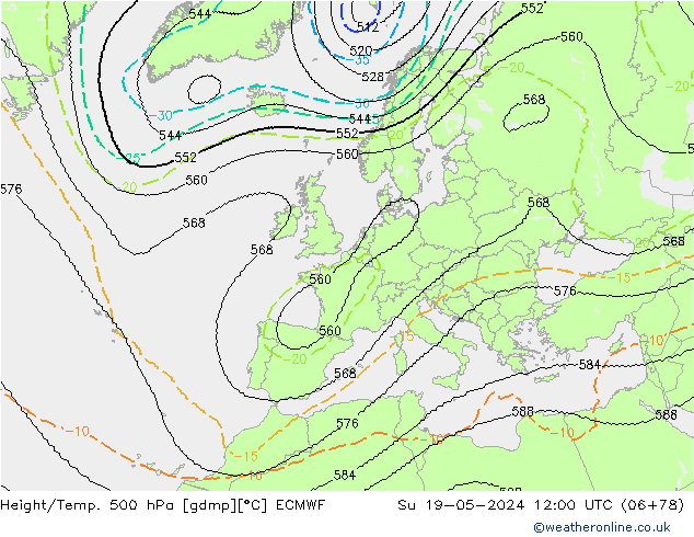 Hoogte/Temp. 500 hPa ECMWF zo 19.05.2024 12 UTC