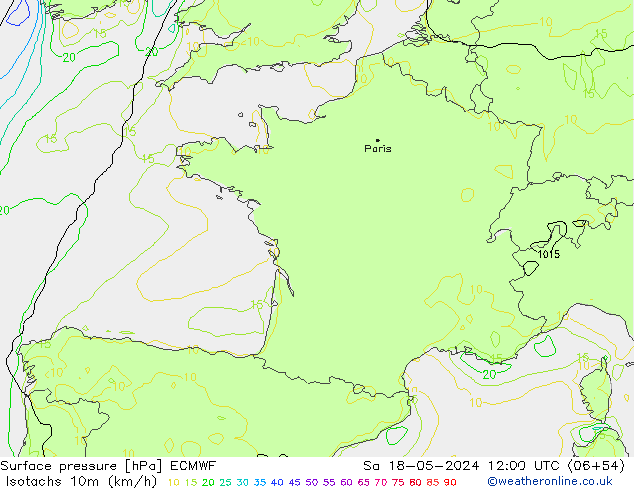 Isotachen (km/h) ECMWF za 18.05.2024 12 UTC