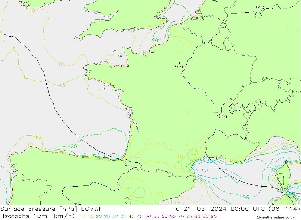 Isotachs (kph) ECMWF Út 21.05.2024 00 UTC