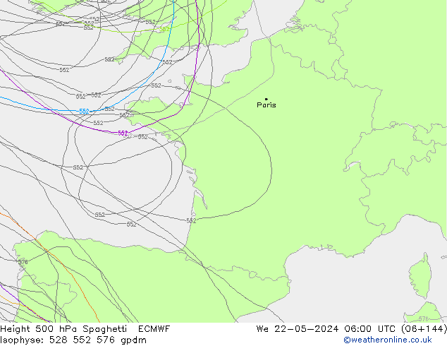 Height 500 hPa Spaghetti ECMWF Mi 22.05.2024 06 UTC