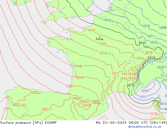 pressão do solo ECMWF Qua 22.05.2024 06 UTC