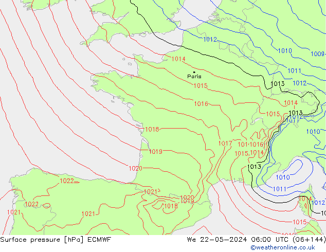 Luchtdruk (Grond) ECMWF wo 22.05.2024 06 UTC