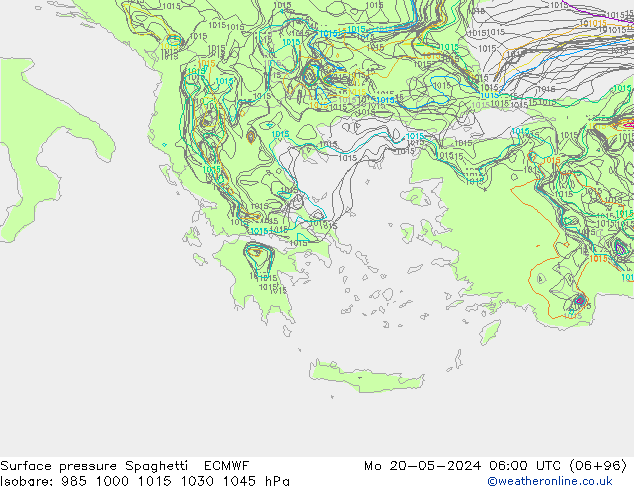 Presión superficial Spaghetti ECMWF lun 20.05.2024 06 UTC