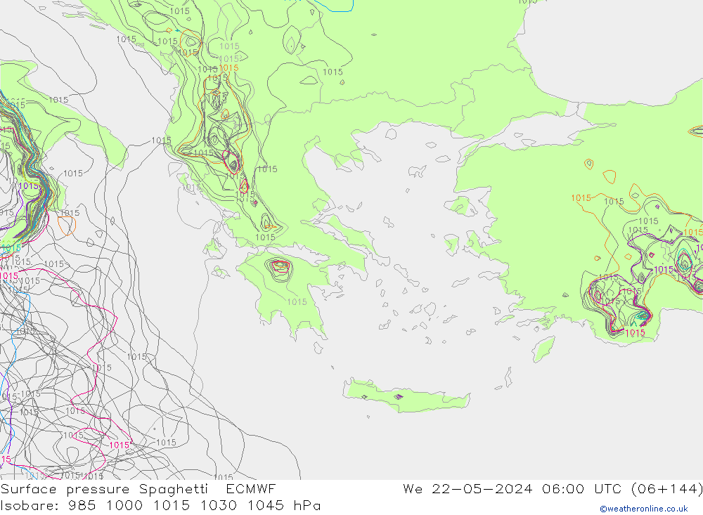 Pressione al suolo Spaghetti ECMWF mer 22.05.2024 06 UTC