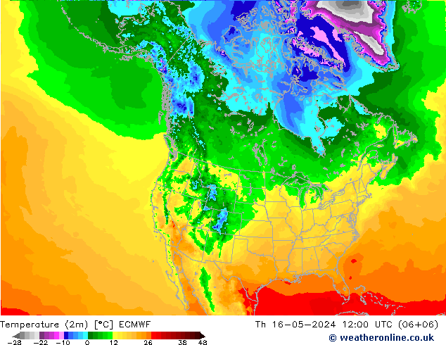 mapa temperatury (2m) ECMWF czw. 16.05.2024 12 UTC