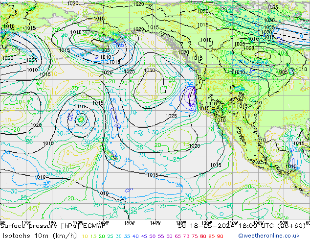 Isotachs (kph) ECMWF Sa 18.05.2024 18 UTC