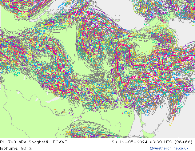 RH 700 гПа Spaghetti ECMWF Вс 19.05.2024 00 UTC