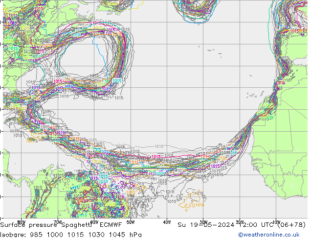 Luchtdruk op zeeniveau Spaghetti ECMWF zo 19.05.2024 12 UTC