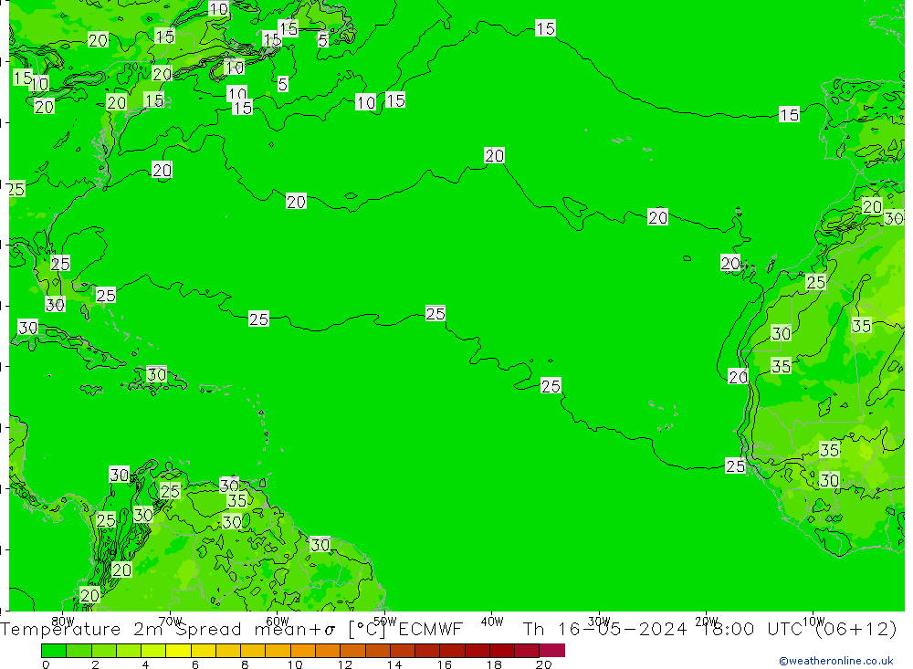 карта температуры Spread ECMWF чт 16.05.2024 18 UTC
