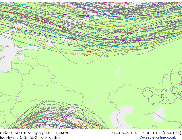 Height 500 hPa Spaghetti ECMWF  21.05.2024 12 UTC