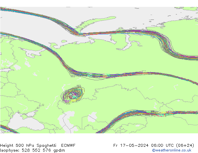 Geop. 500 hPa Spaghetti ECMWF vie 17.05.2024 06 UTC