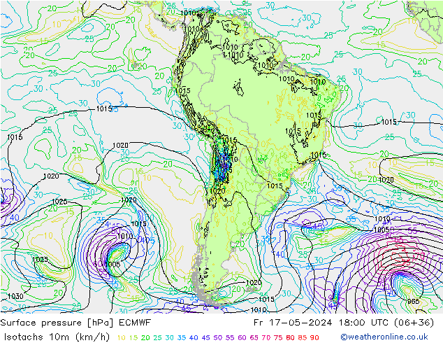 Isotachs (kph) ECMWF Pá 17.05.2024 18 UTC