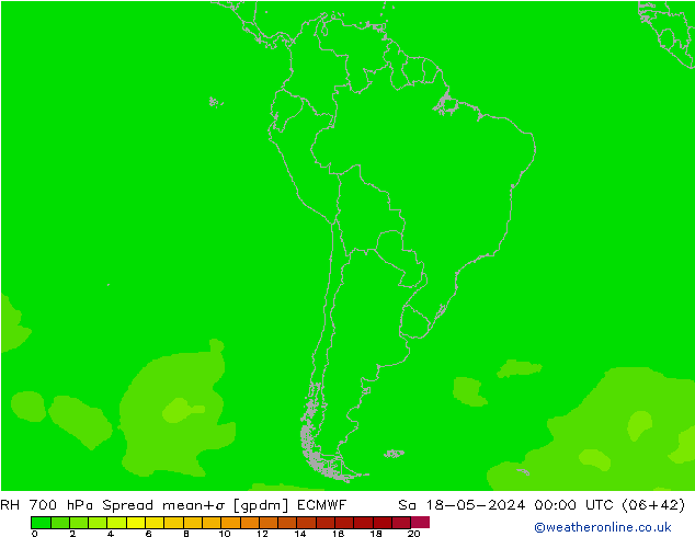 RH 700 hPa Spread ECMWF sab 18.05.2024 00 UTC