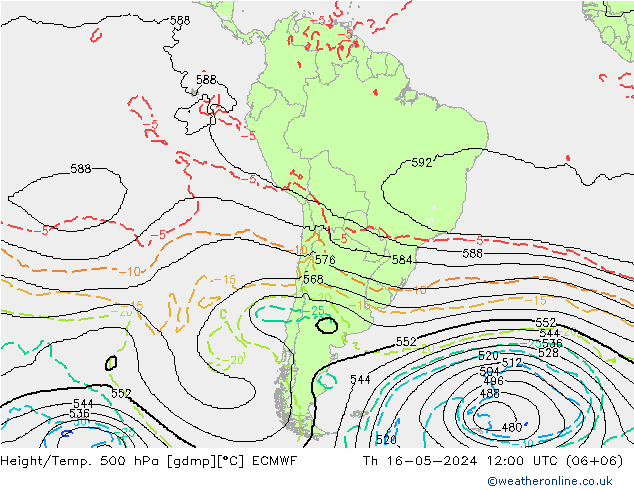 Height/Temp. 500 hPa ECMWF Th 16.05.2024 12 UTC