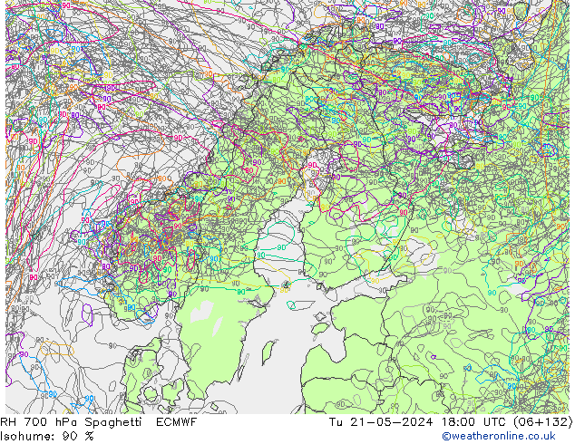 RH 700 hPa Spaghetti ECMWF Tu 21.05.2024 18 UTC