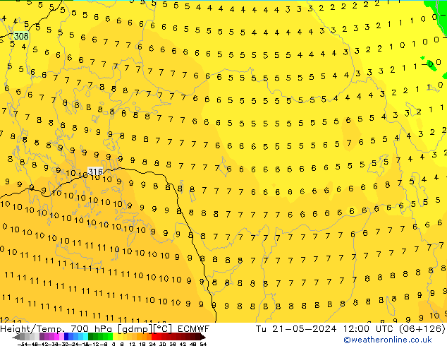 Height/Temp. 700 hPa ECMWF Tu 21.05.2024 12 UTC