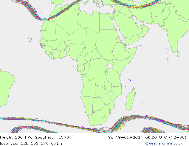 Height 500 hPa Spaghetti ECMWF So 19.05.2024 06 UTC