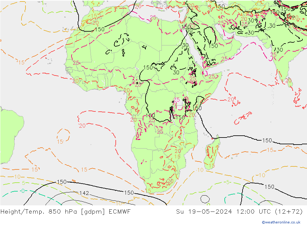 Hoogte/Temp. 850 hPa ECMWF zo 19.05.2024 12 UTC