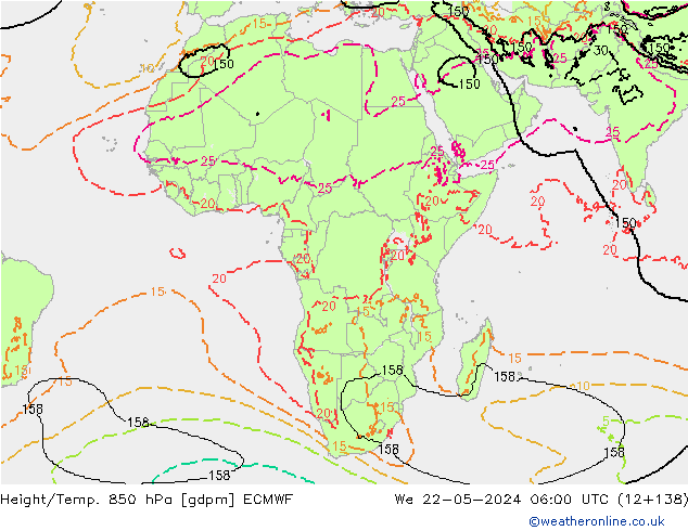 Height/Temp. 850 hPa ECMWF We 22.05.2024 06 UTC