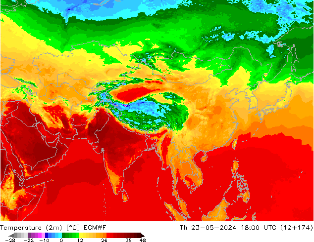 Temperatuurkaart (2m) ECMWF do 23.05.2024 18 UTC