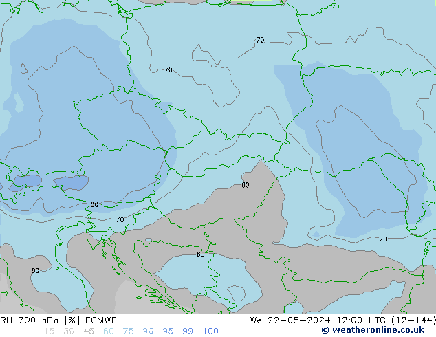 Humidité rel. 700 hPa ECMWF mer 22.05.2024 12 UTC