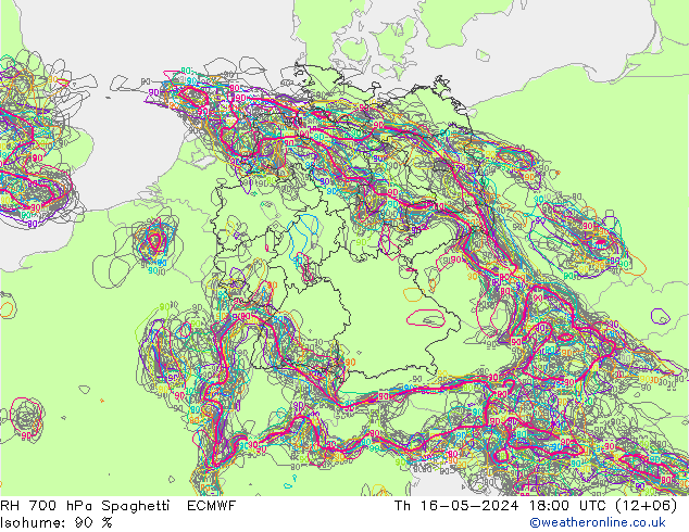 RH 700 hPa Spaghetti ECMWF Čt 16.05.2024 18 UTC