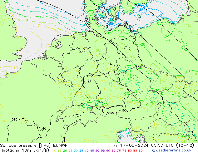 Isotachen (km/h) ECMWF vr 17.05.2024 00 UTC
