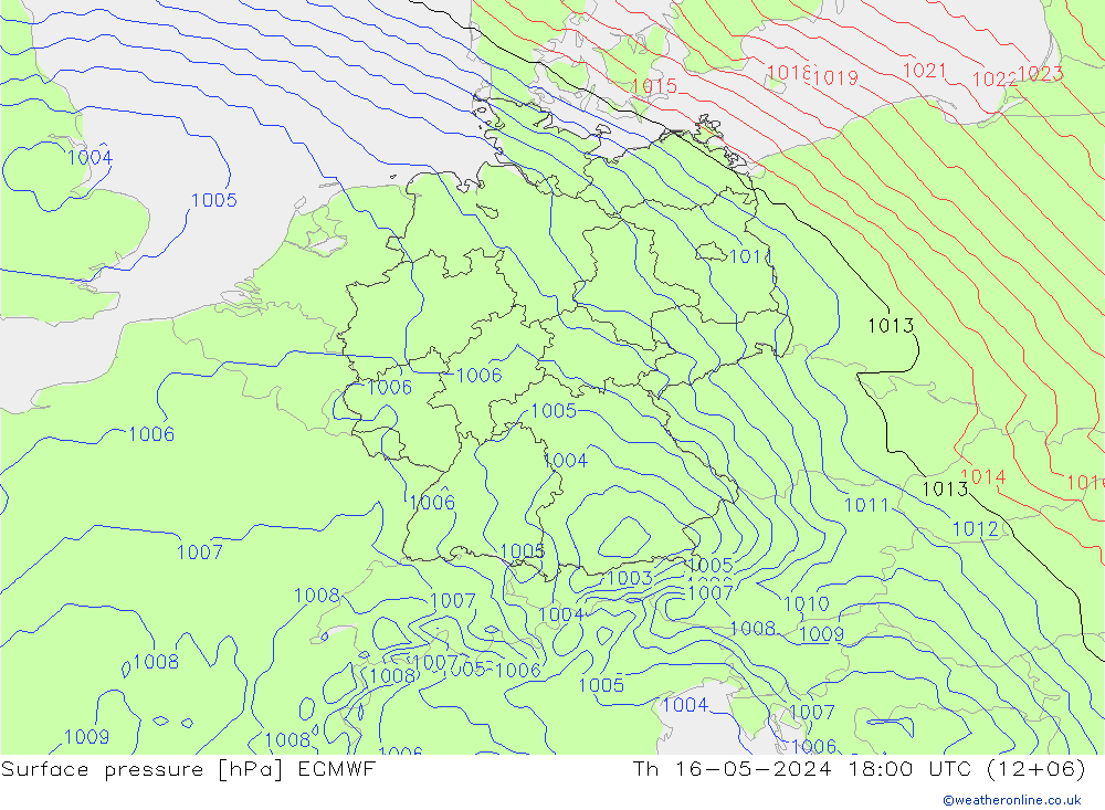 Presión superficial ECMWF jue 16.05.2024 18 UTC