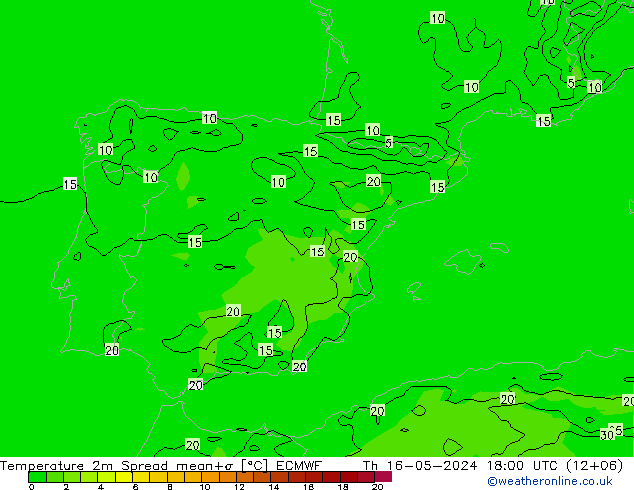Temperature 2m Spread ECMWF Čt 16.05.2024 18 UTC