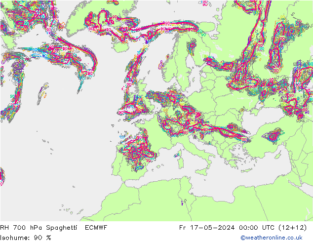 RH 700 hPa Spaghetti ECMWF  17.05.2024 00 UTC